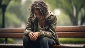 alt="donna triste sotto la pioggia"